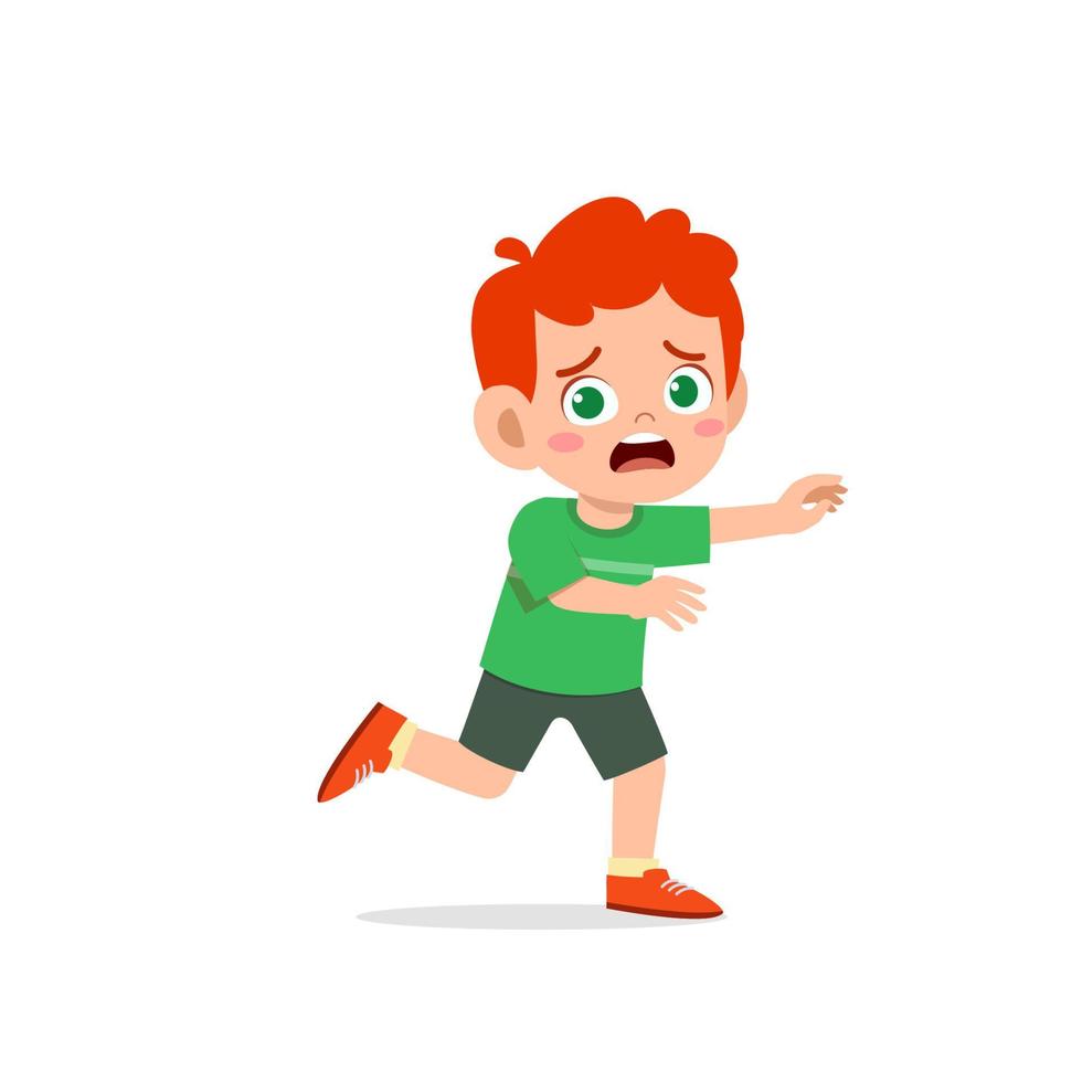 lindo niño pequeño niño asustado y correr gesto de expresión vector