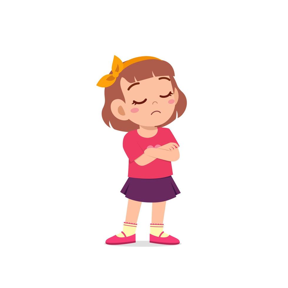 cute little kid girl dissatisfied with arm folded pose expression vector