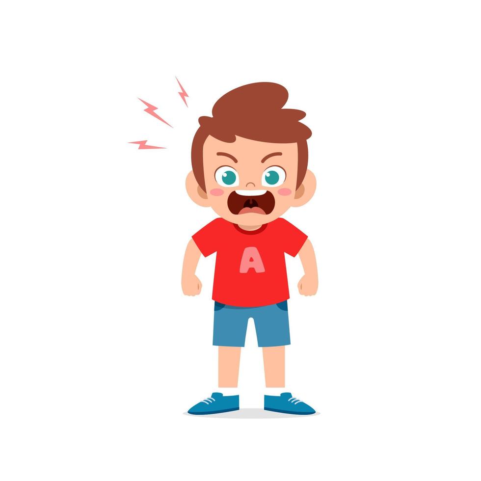 cute little kid boy stand and show angry pose expression vector