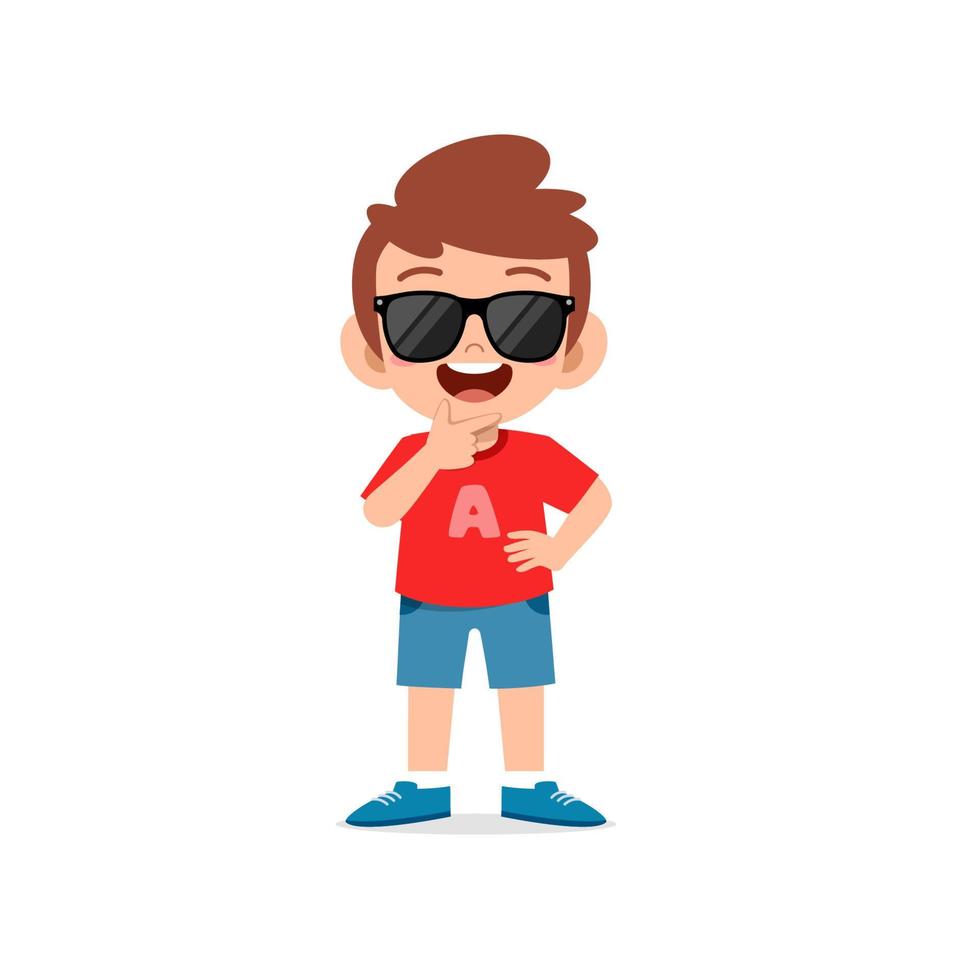 lindo niño pequeño muestra genial y con gafas negras pose expresión vector