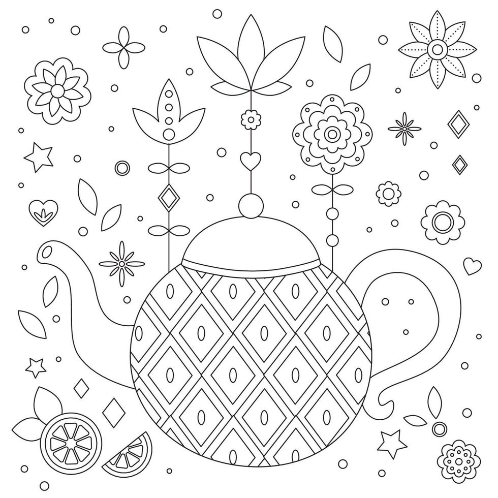 Antistress coloring page for kids and adults. Hand drawn tea pot. Doodle flowers and abstract geometric shapes. Outline vector illustration.