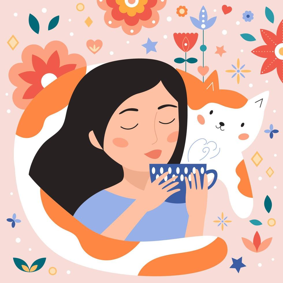 Woman drinks tea. Cute cartoon cat. Abstract flowers. Kawaii characters. Vector doodle illustration. Tea time.