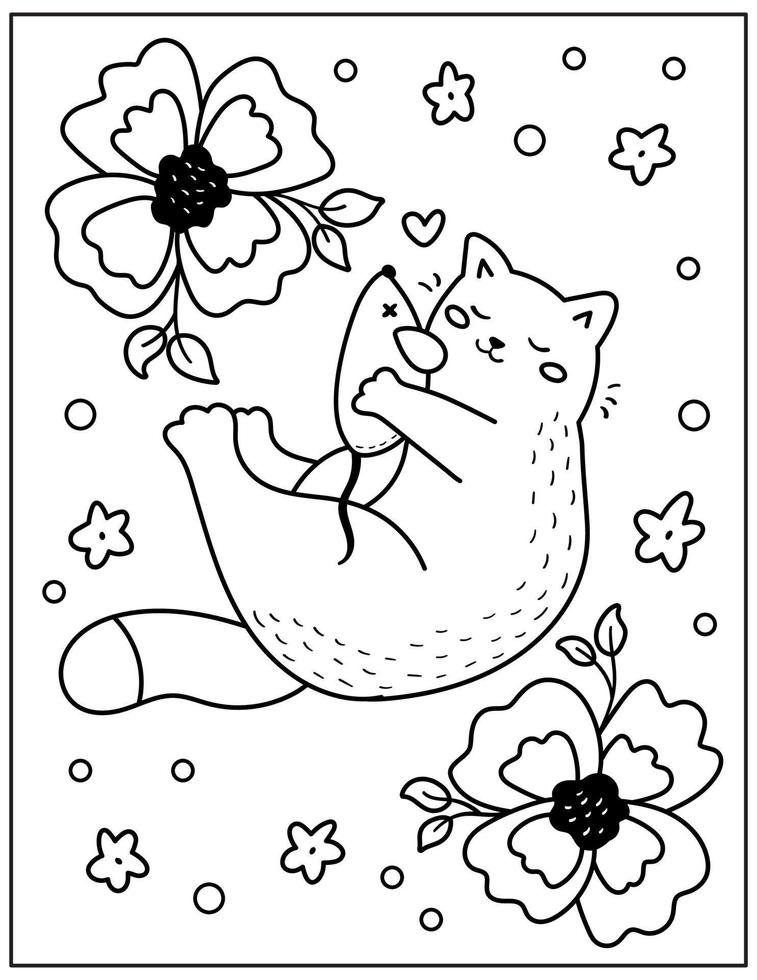 Cute hand drawn doodle coloring page with cat, toy mouse and flowers. Spring outline vector illustration.