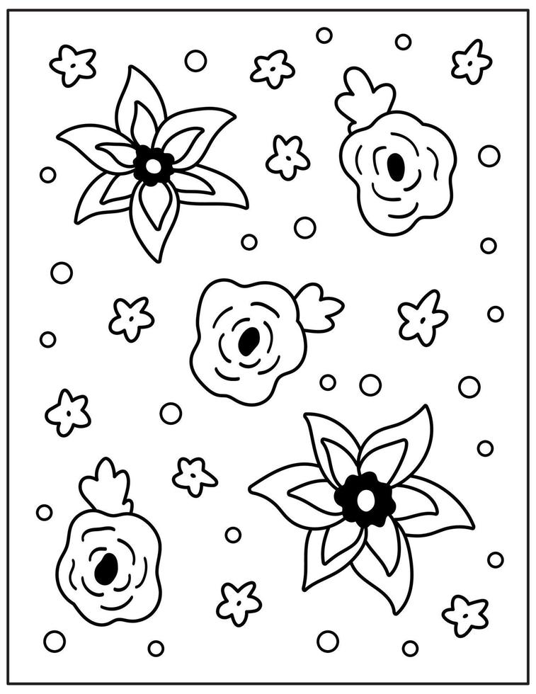 Doodle coloring page for children. Hand drawn abstract flowers and roses. Black and white vector illustration.