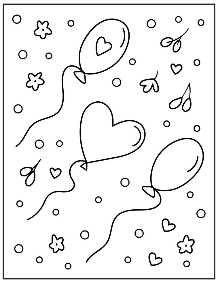 Doodle coloring page for children. Hand drawn balloons for Valentines day and Birthday party. Black and white vector illustration.