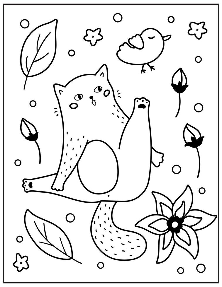 Coloring page with funny doodle cat, bird and flowers. Vector outline illustration. Hand drawn cartoon character.