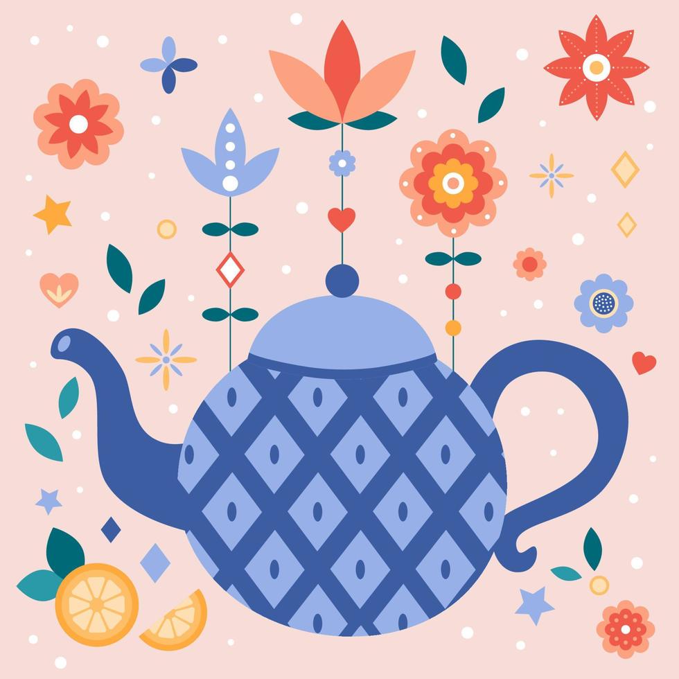 Flat style teapot with blue rhombus. Abstract flowers, fruits and plants. Tea time. Vector illustration for kitchen and cafe. Ideal for print greeting card, poster or invitations.