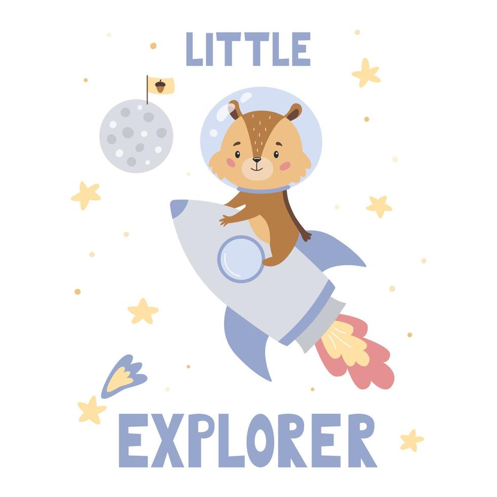 linda ardilla de dibujos animados en cohete. pequeño explorador de letras. tema espacial. afiche para guardería, tarjeta de felicitación o pancarta. ilustración de estilo plano vectorial. vector