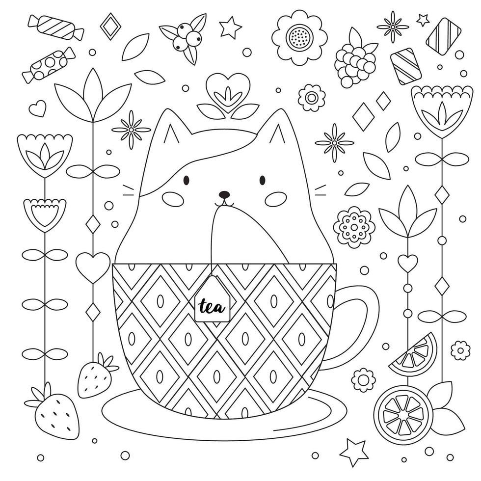 Doodle página para colorear antiestrés con gato en taza. flores abstractas, frutas y dulces. gatito kawaii de dibujos animados. esbozar ilustración vectorial en blanco y negro. la hora del té. libro para colorear para adultos y niños. vector