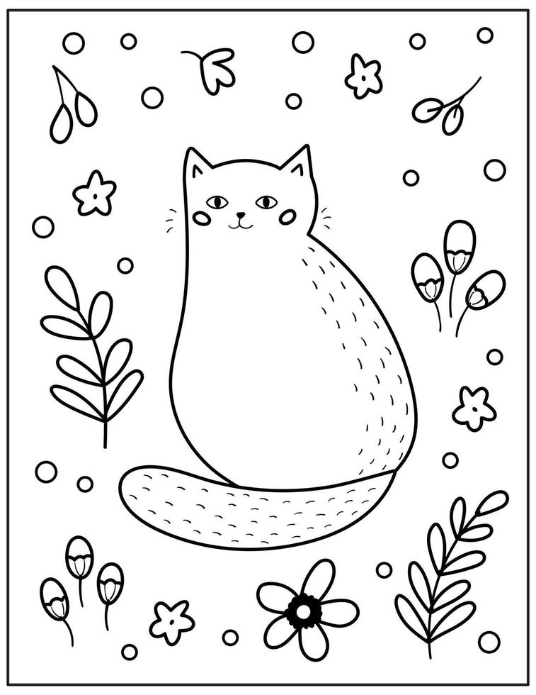 Spring coloring page for children. Cute cartoon cat with flowers and ...