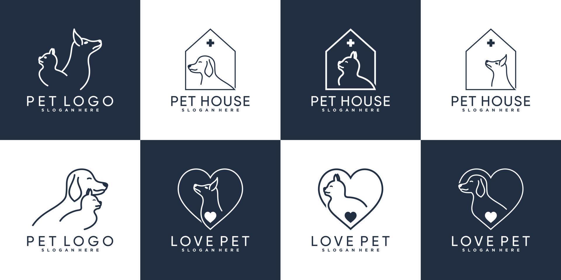 Set of cat and dog logo design with line art style and creative element Premium Vector