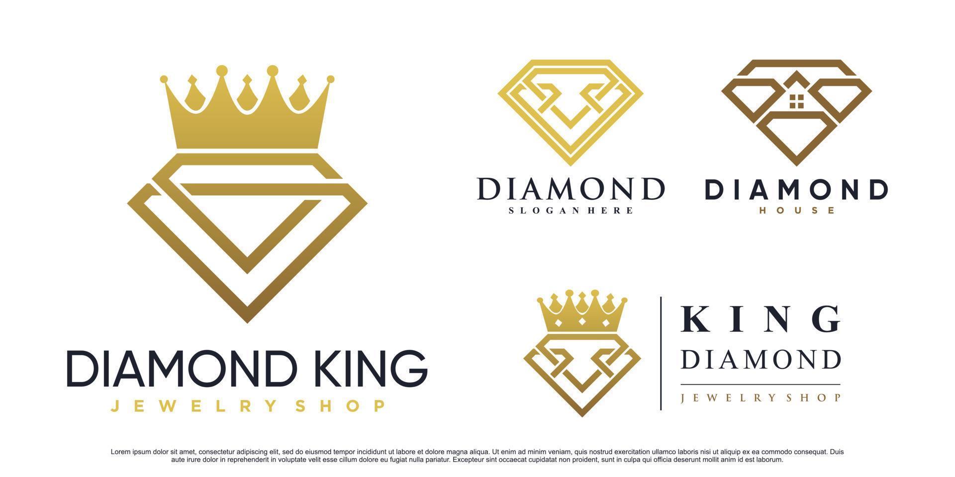 Diamond icon set logo design with crown and creative element Premium Vector
