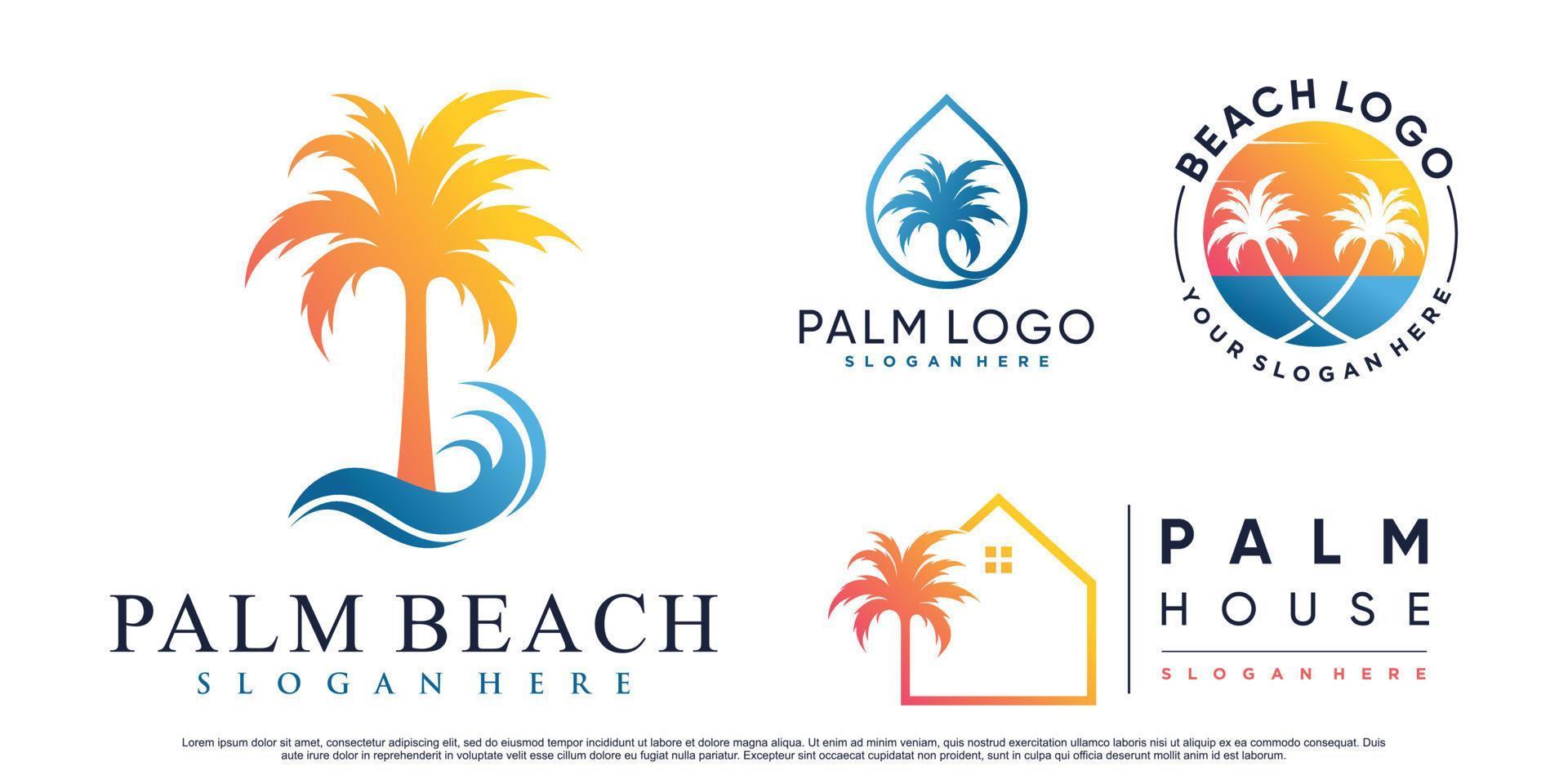 Set of palm tree and beach logo design illustration with creative element Premium Vector