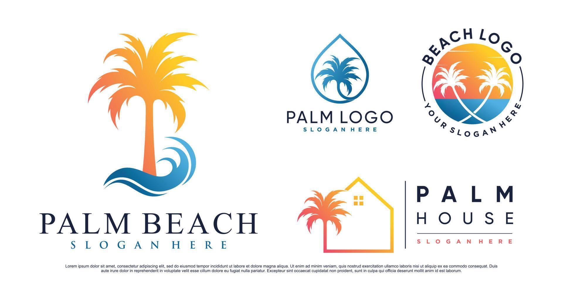 conjunto de ilustración de diseño de logotipo de palmera y playa con vector premium de elemento creativo