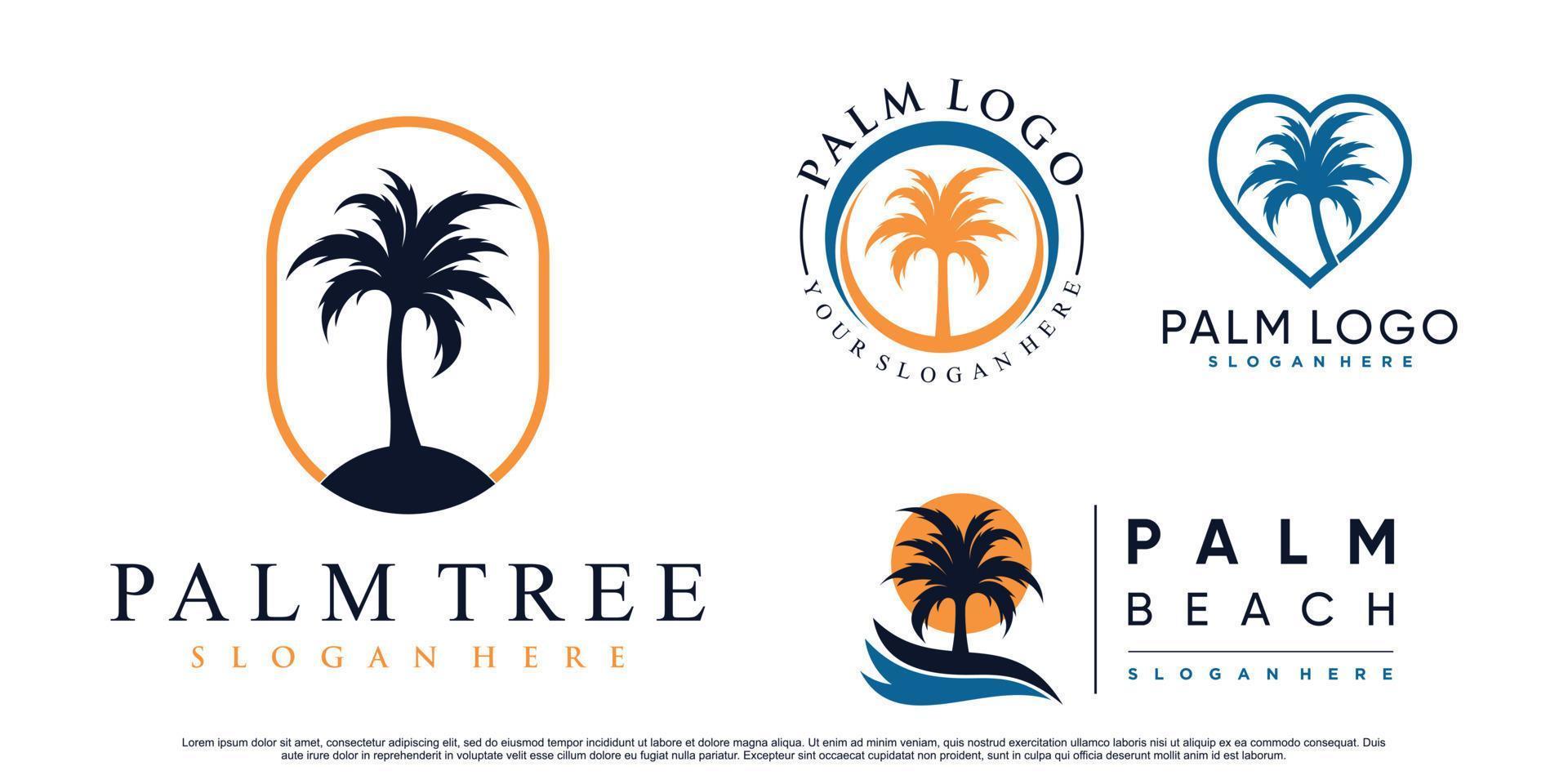 conjunto de ilustración de diseño de logotipo de palmera y playa con vector premium de elemento creativo