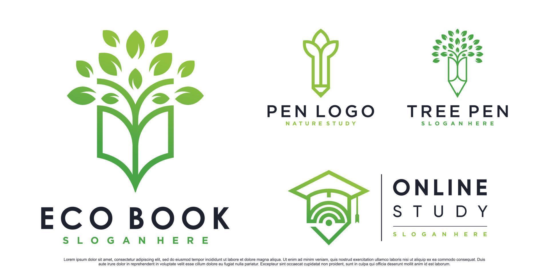 conjunto de ilustración de diseño de logotipo de educación ecológica con vector premium de concepto de libro y pluma