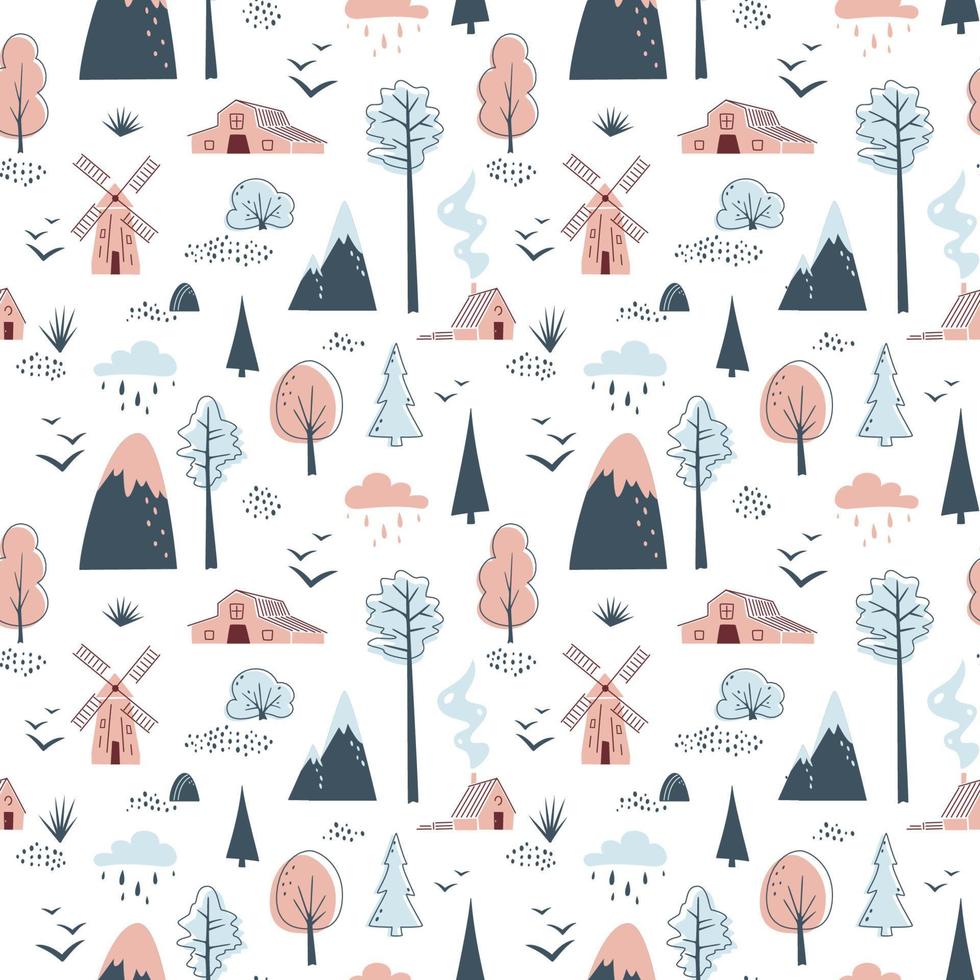 Minimalistic seamless pattern with mountains, trees, houses and windmill on white background. vector