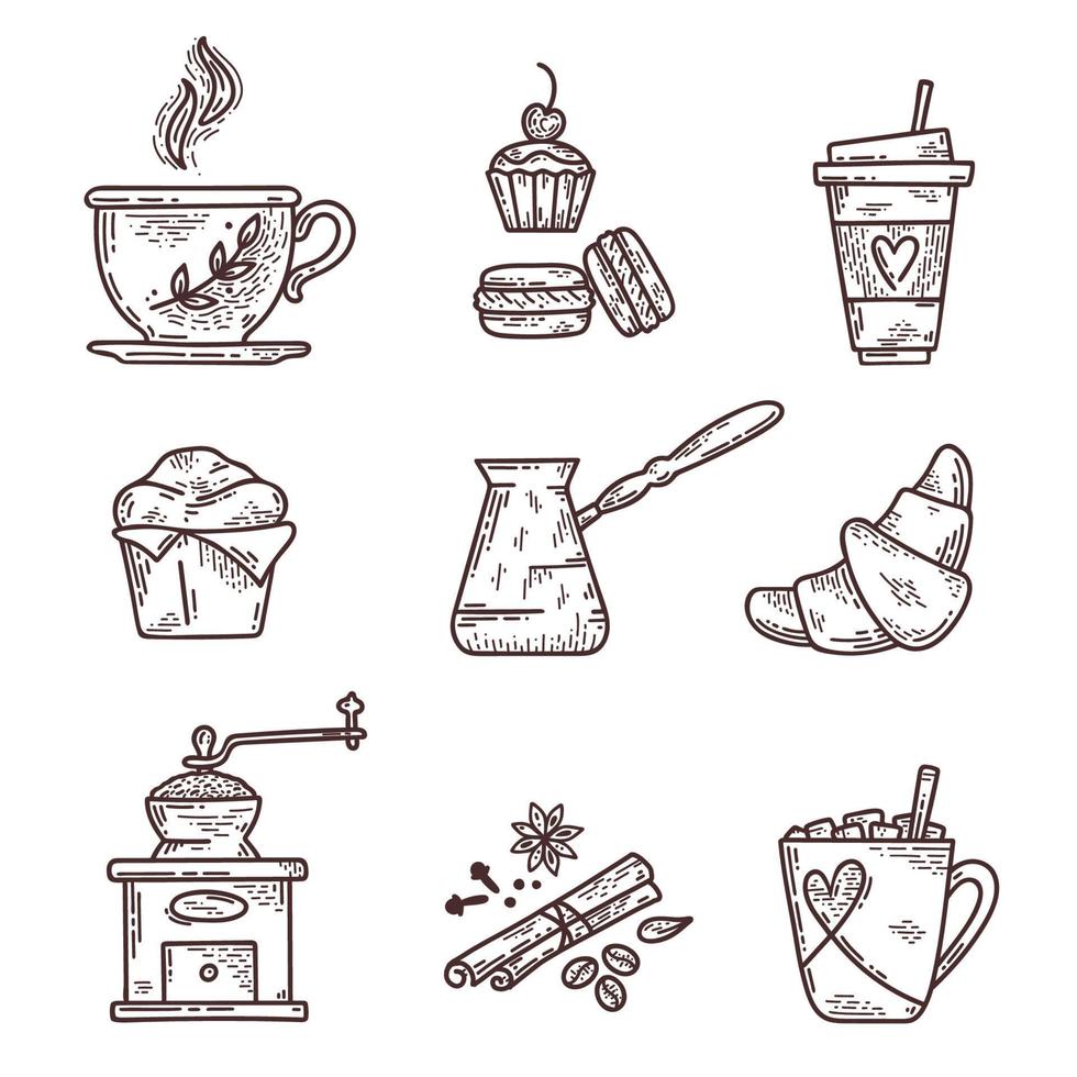 juego de café dibujado a mano. ilustración de boceto vectorial con taza, cezve, especias, molinillo de café, croissant y otros postres. vector