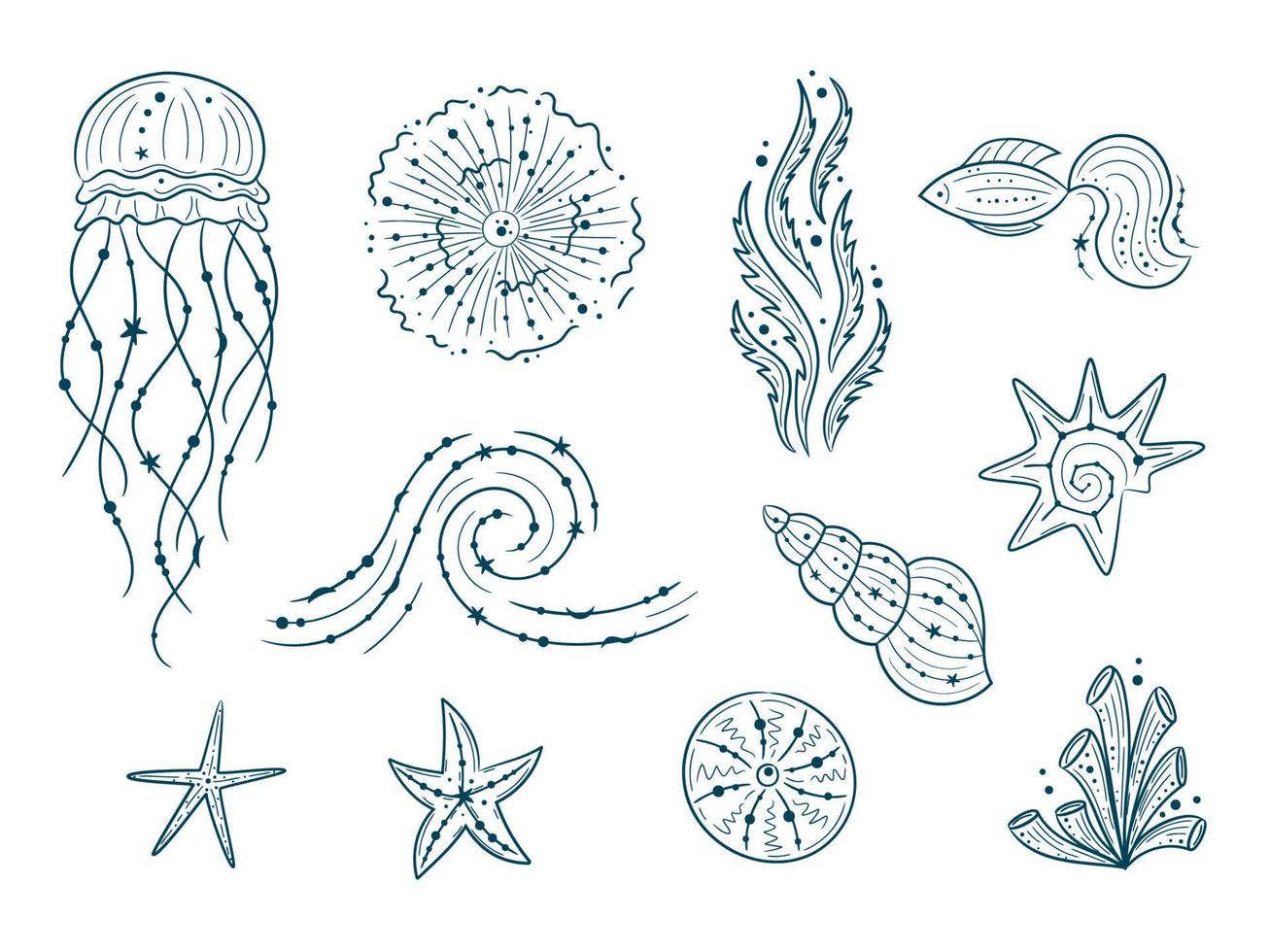siluetas del contorno de la vida marina aislado sobre fondo blanco. ilustraciones vectoriales dibujadas a mano de línea grabada. colección de bocetos de medusas, peces, algas, conchas marinas vector