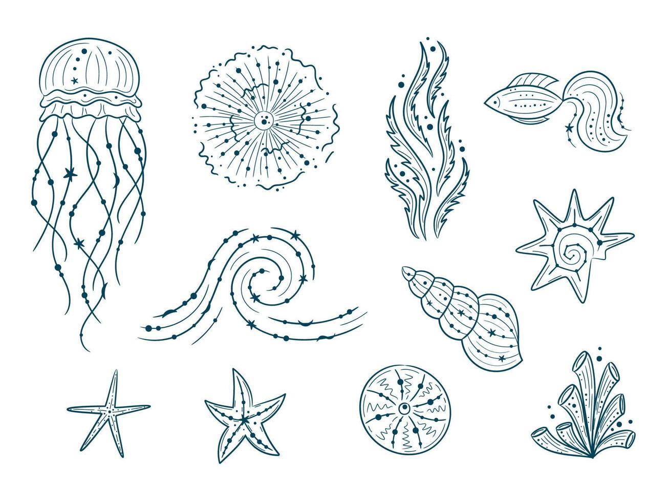 Silhouettes of sea life outline isolated on white background. Vector Hand drawn illustrations of engraved line. Collection of sketches jellyfish, fish, seaweed, seashells