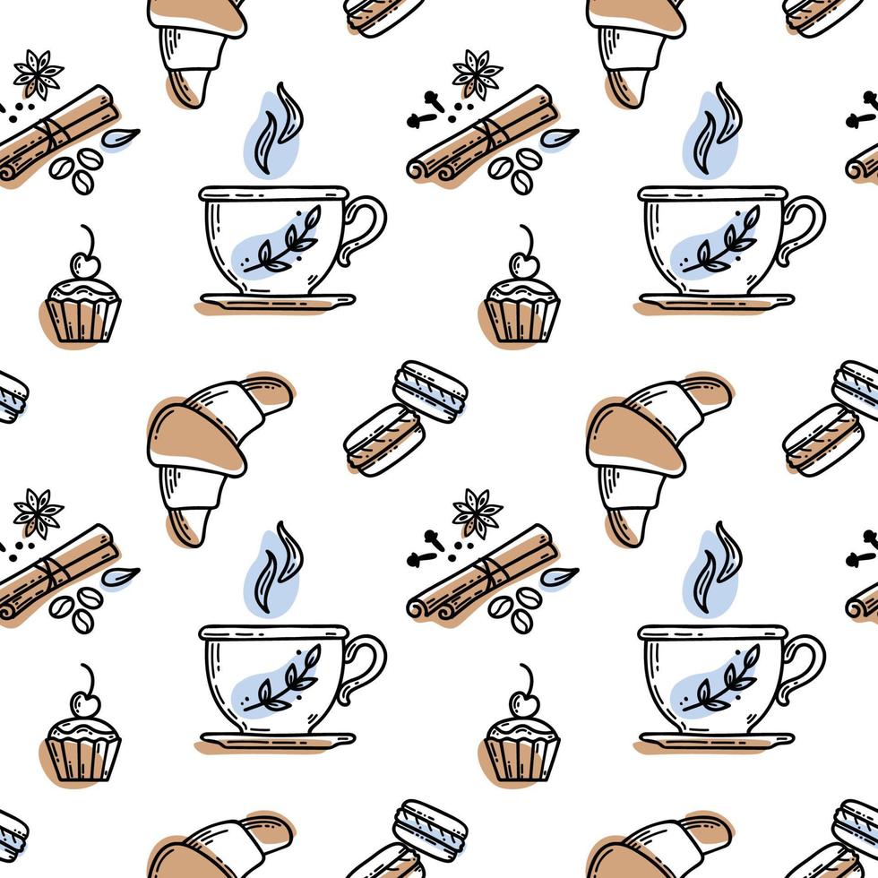 patrón de té o café de estilo boceto dibujado a mano vectorial. taza, especias y granos de café, macarrones, pastel, croissant vector