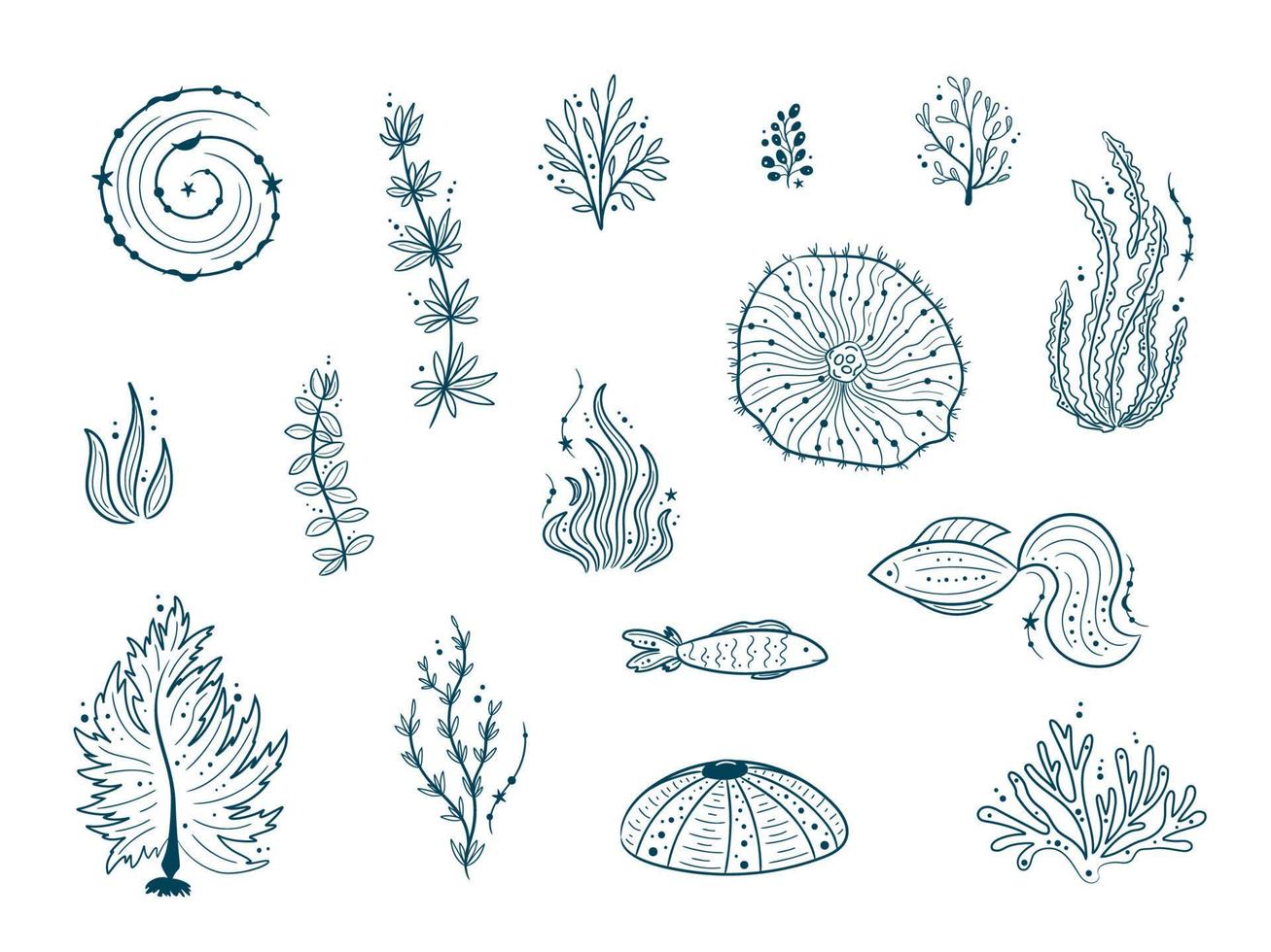 Silhouettes of sea life outline isolated on white background. Vector Hand drawn illustrations of engraved line. Collection of sketches jellyfish, fish, seaweed, corals, seashells, sea urchin