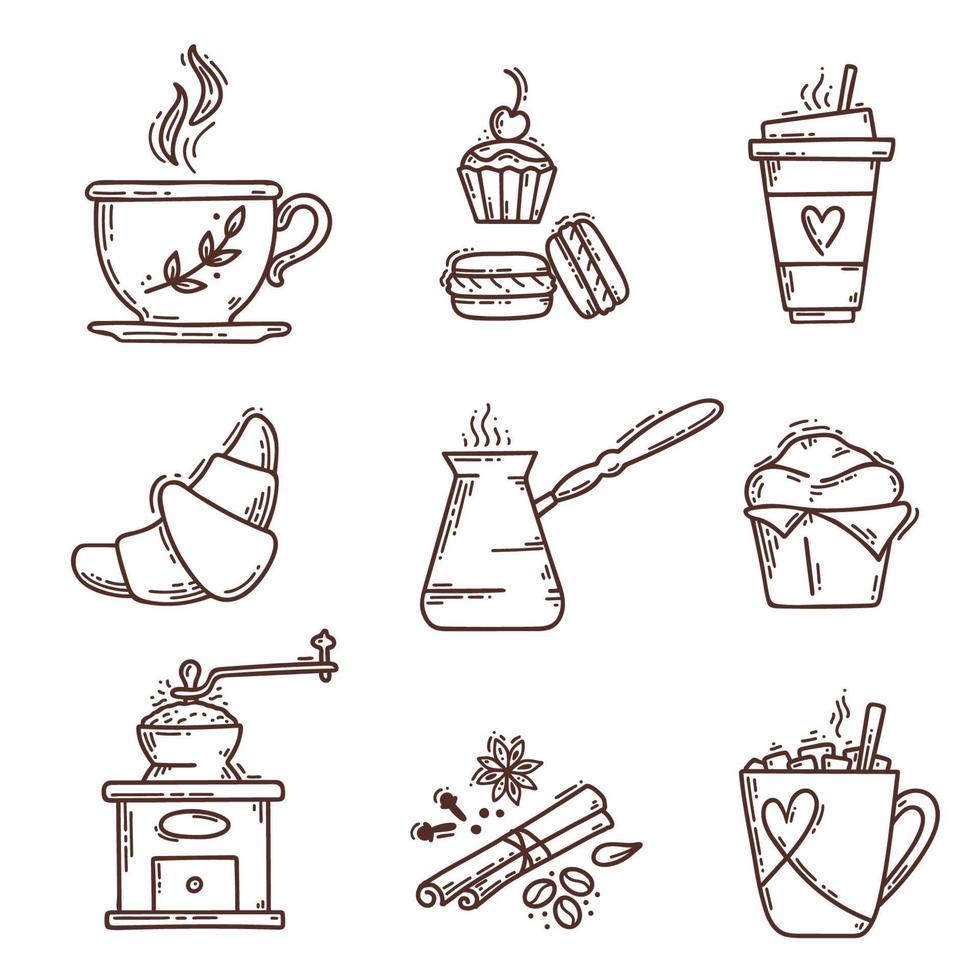 juego de café dibujado a mano. ilustración de boceto vectorial con taza, cezve, especias, molinillo de café, croissant y otros postres vector