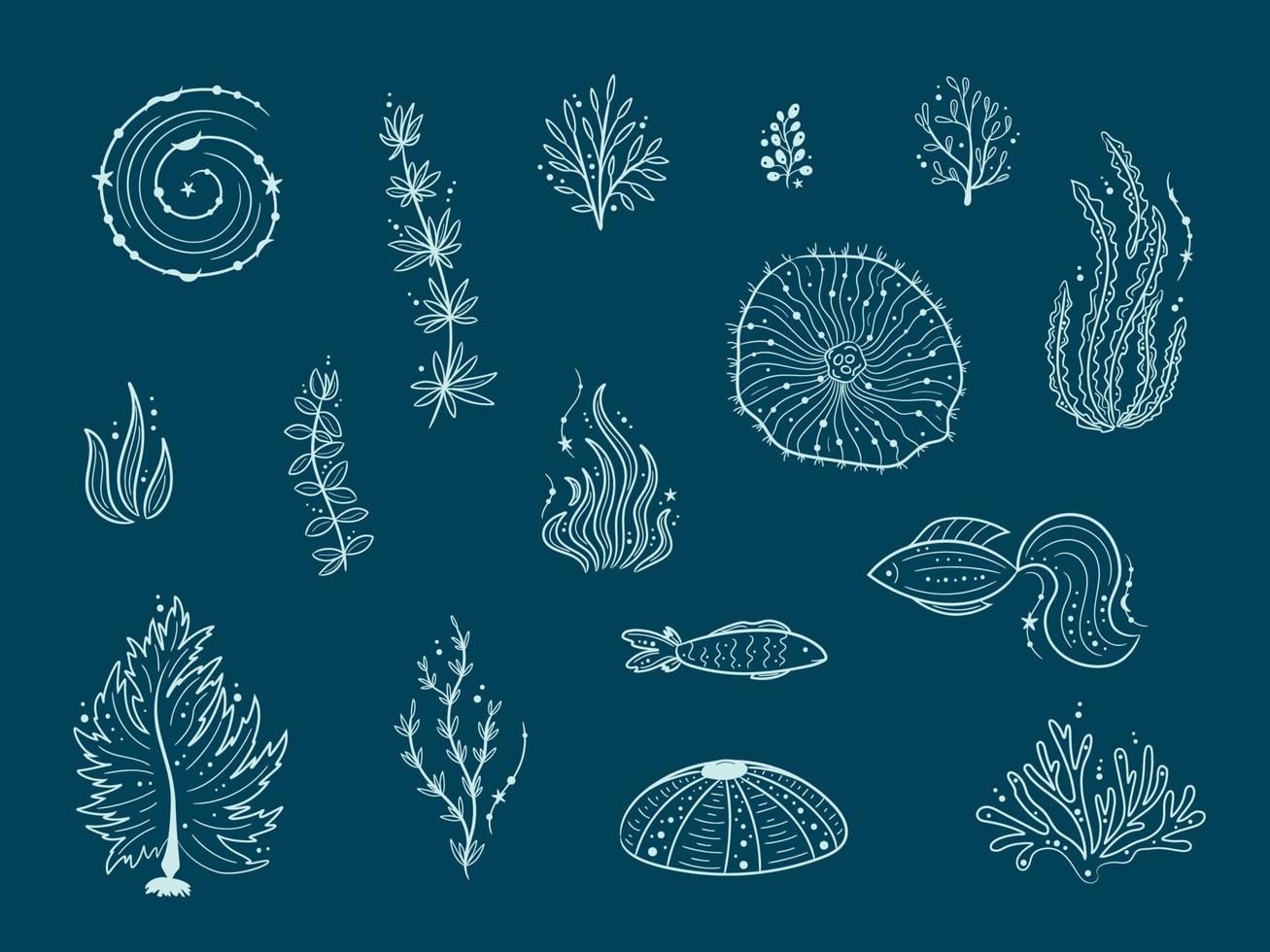 Silhouettes of sea life outline isolated on dark blue background. Vector Hand drawn illustrations of engraved line. Collection of sketches jellyfish, fish, seaweed, corals, seashells, sea urchin