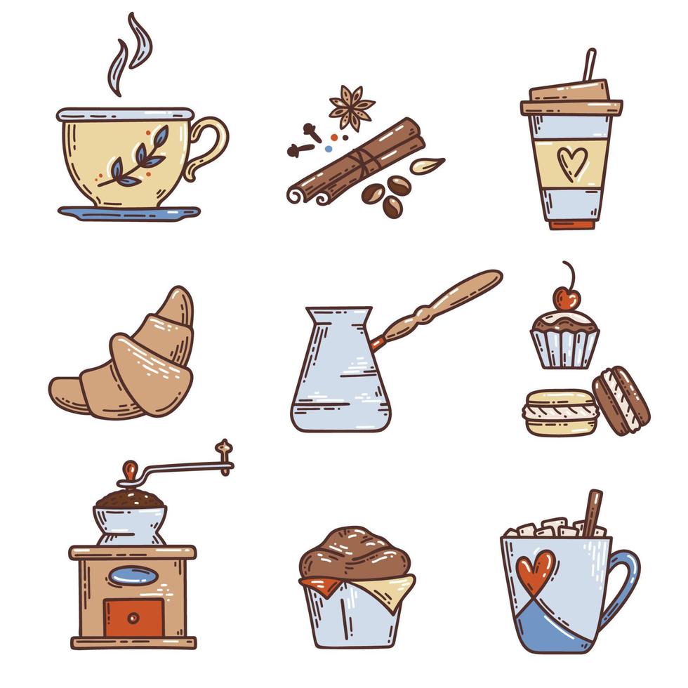 Hand drawn coloured coffee set. Vector sketch illustration set with cup, cezve, spices, coffee grinder, croissant and other desserts