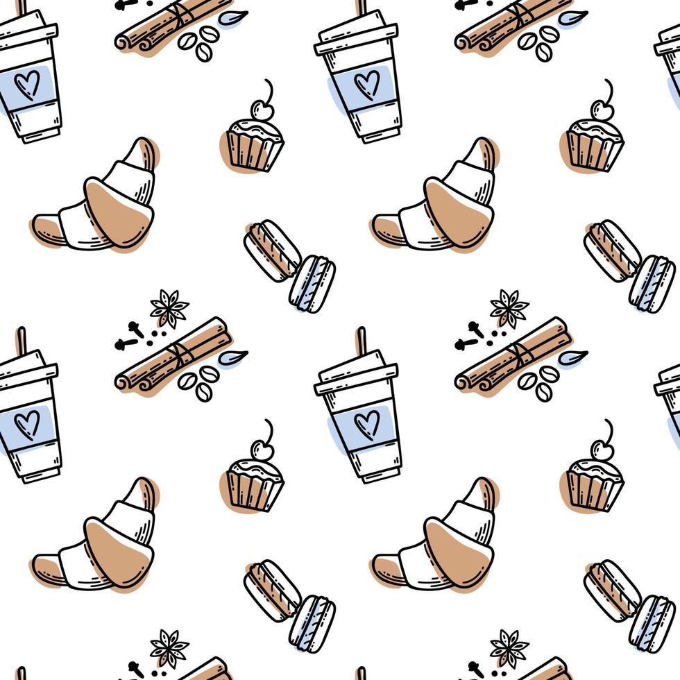 Vector hand drawn sketch style tea or coffee pattern. Coffee cup, spices and coffee beans, macaroons, cake, croissant.