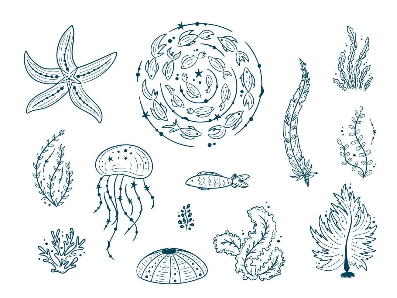 Silhouettes of sea life outline isolated on white background. Vector Hand drawn illustrations of engraved line. Collection of sketches jellyfish, fish, seaweed, corals, seashells, sea urchin