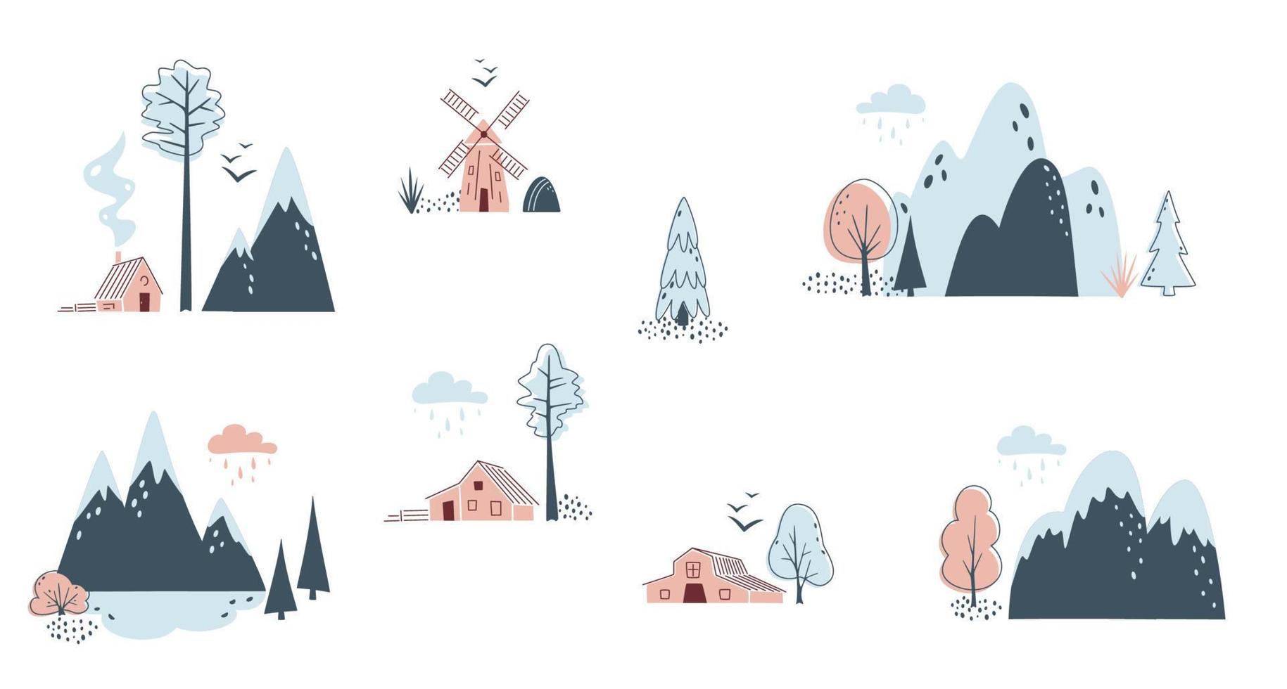 Set of minimalistic northern landscapes. Windmill, birds, houses, fir trees and spruces on white background. Nordic landscapes in limited colours. Travel, camp or nature concept vector