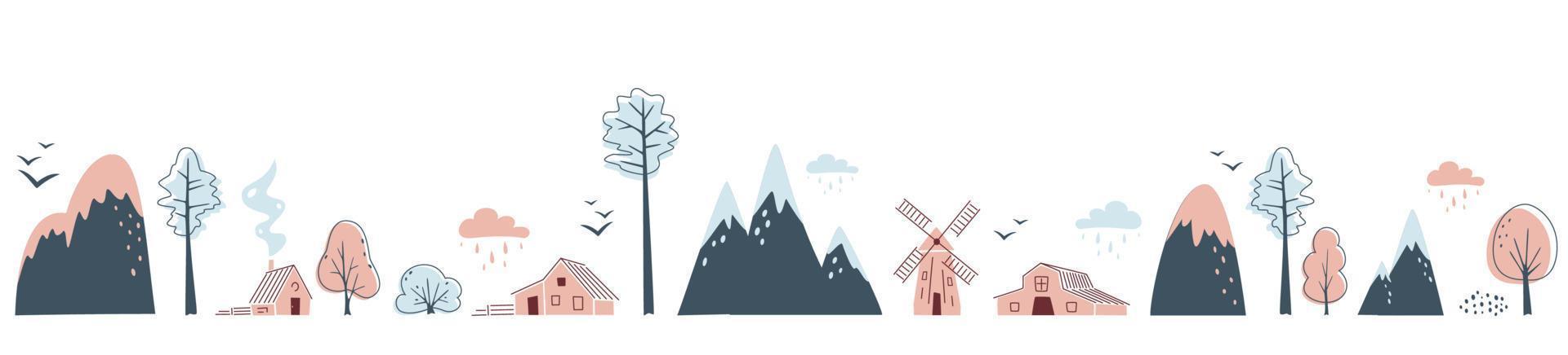 Minimalistic seamless border with mountains, trees, houses and windmill on white background. Landscape in limited colours. vector