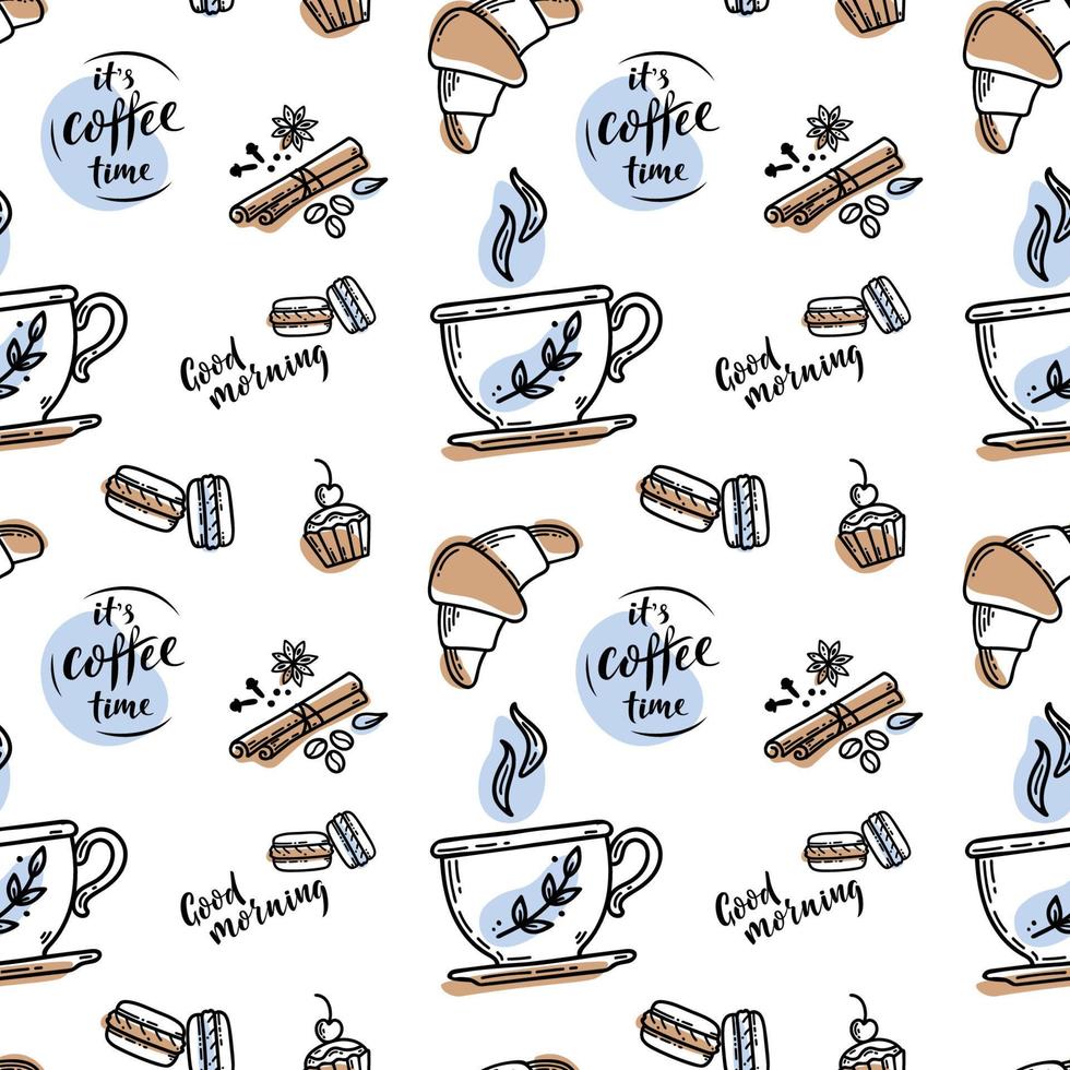 estilo de boceto dibujado a mano vectorial o patrón de café con signo de letras. es la hora del café. taza de café, especias y granos de café, macarons, pastel, croissant vector