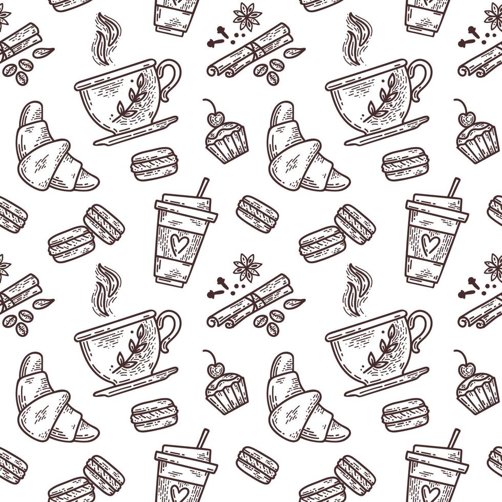 Vector hand drawn sketch style tea or coffee seamless pattern. Cups of tea or coffee, spices and coffee beans, , macaroons, cake, croissants