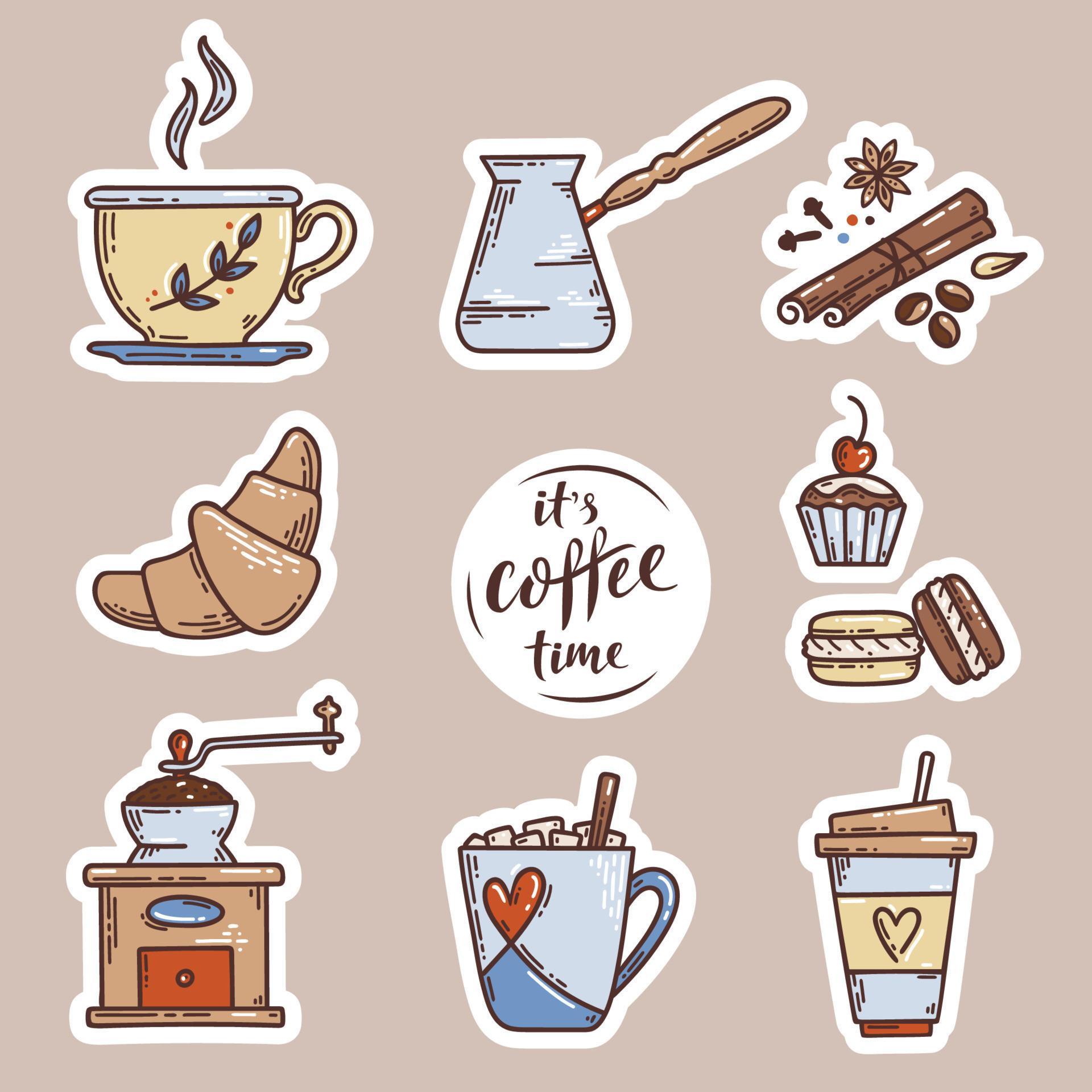 Coffee Stickers set. Vector sketch illustration set with lettering Its