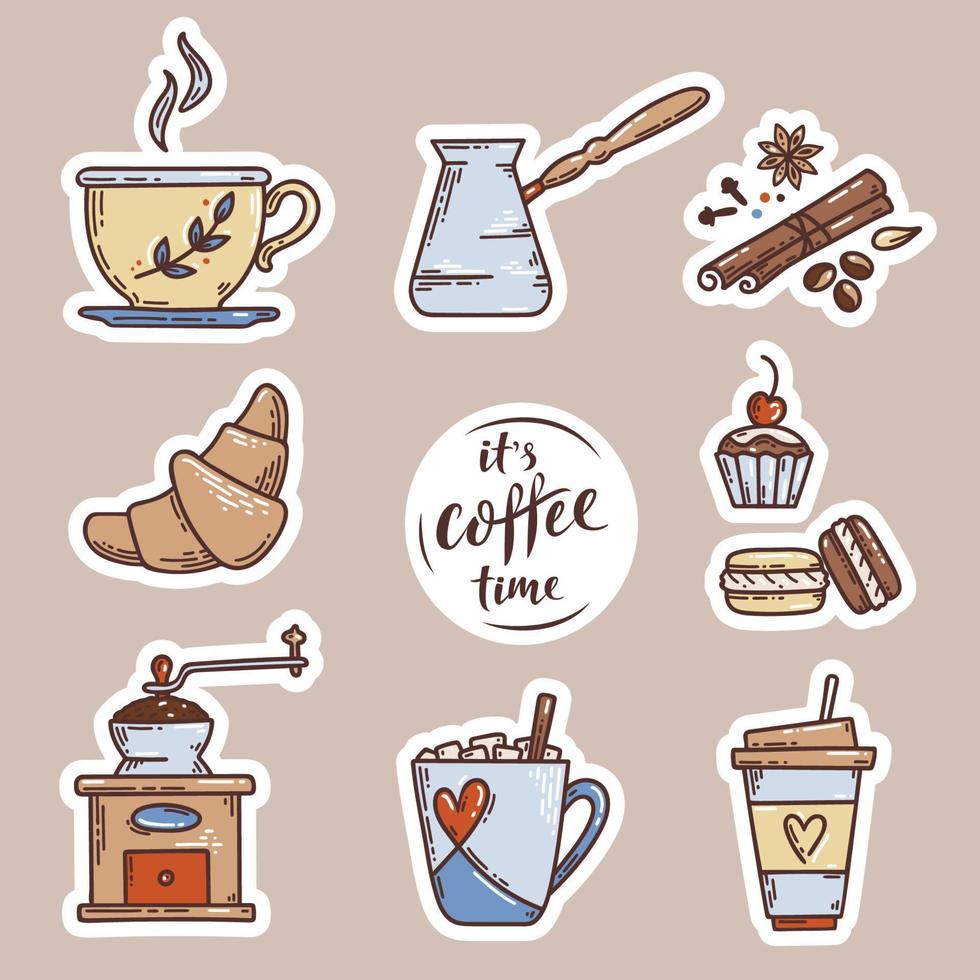 juego de pegatinas de café. ilustración de boceto vectorial con letras de su hora de café, tazas de café, cezve, especias, molinillo de café, croissant y otros pasteles vector