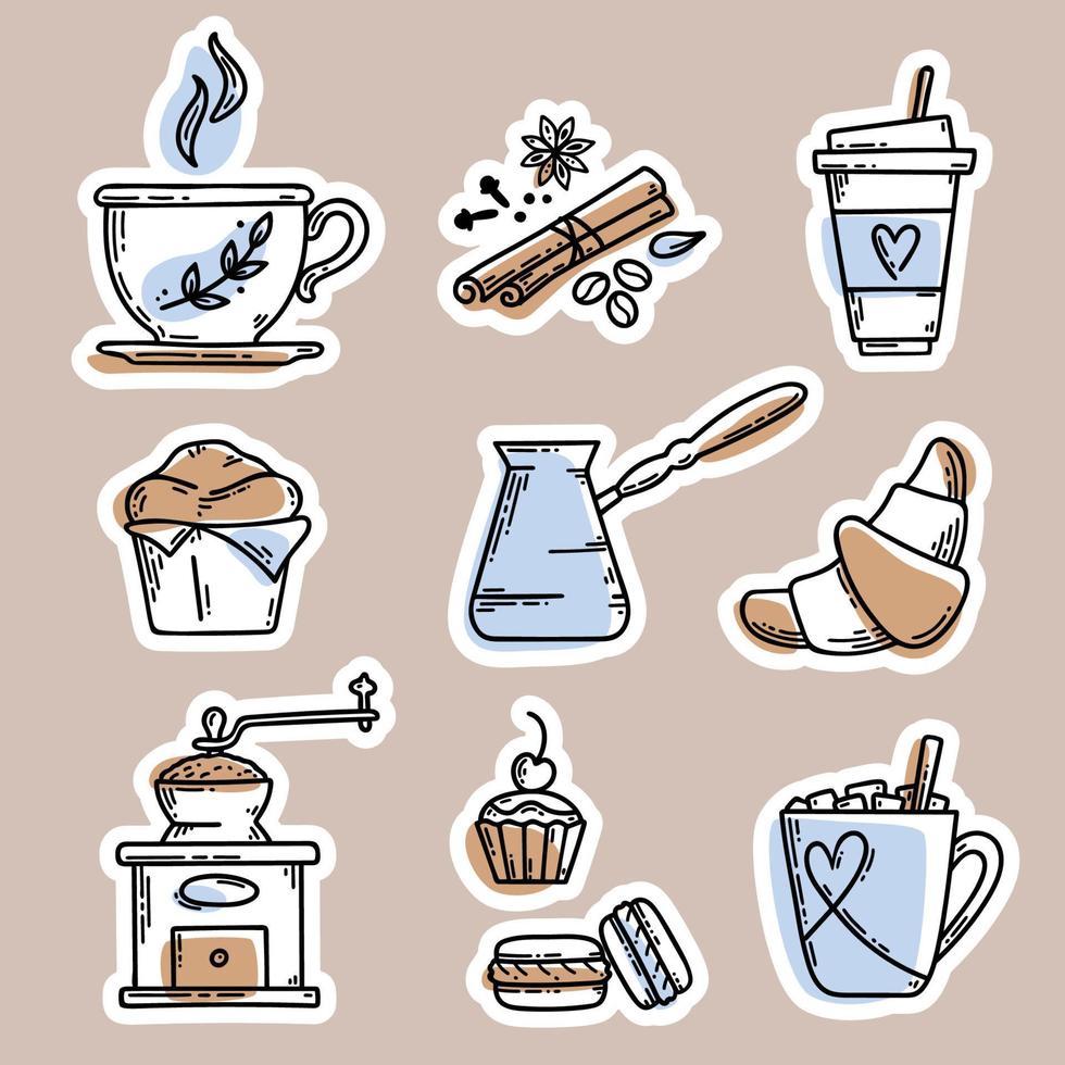 Coffee Stickers set. Vector sketch illustration set with coffee cups, cezve, spices, coffee grinder, croissant and other pastries. Isolated vector objects