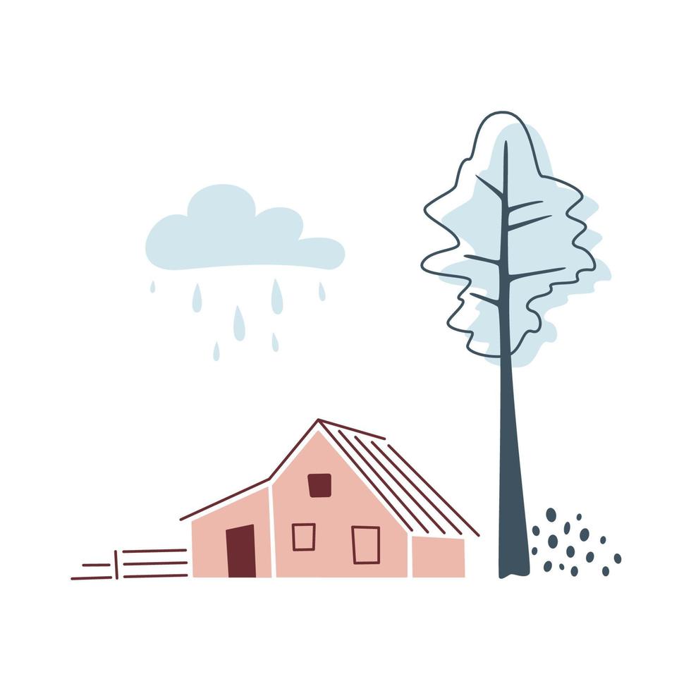 tarjeta minimalista con abeto, casa y nube sobre fondo blanco. paisaje del norte de otoño o invierno en colores limitados vector