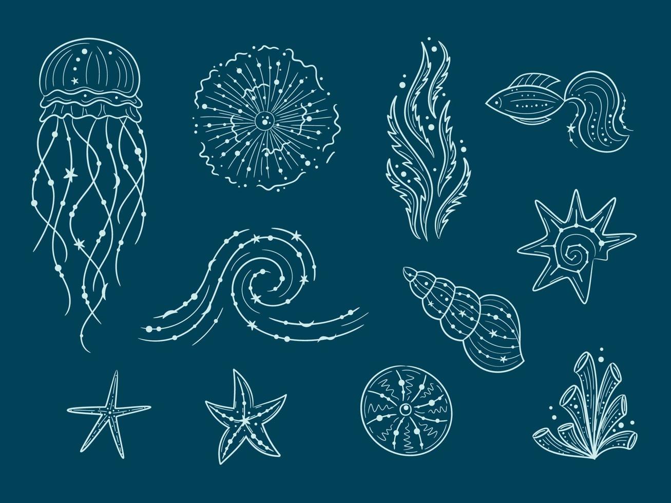 Silhouettes of sea life outline isolated on dark blue background. Vector Hand drawn illustrations of engraved line. Collection of sketches jellyfish, fish, seaweed, seashells