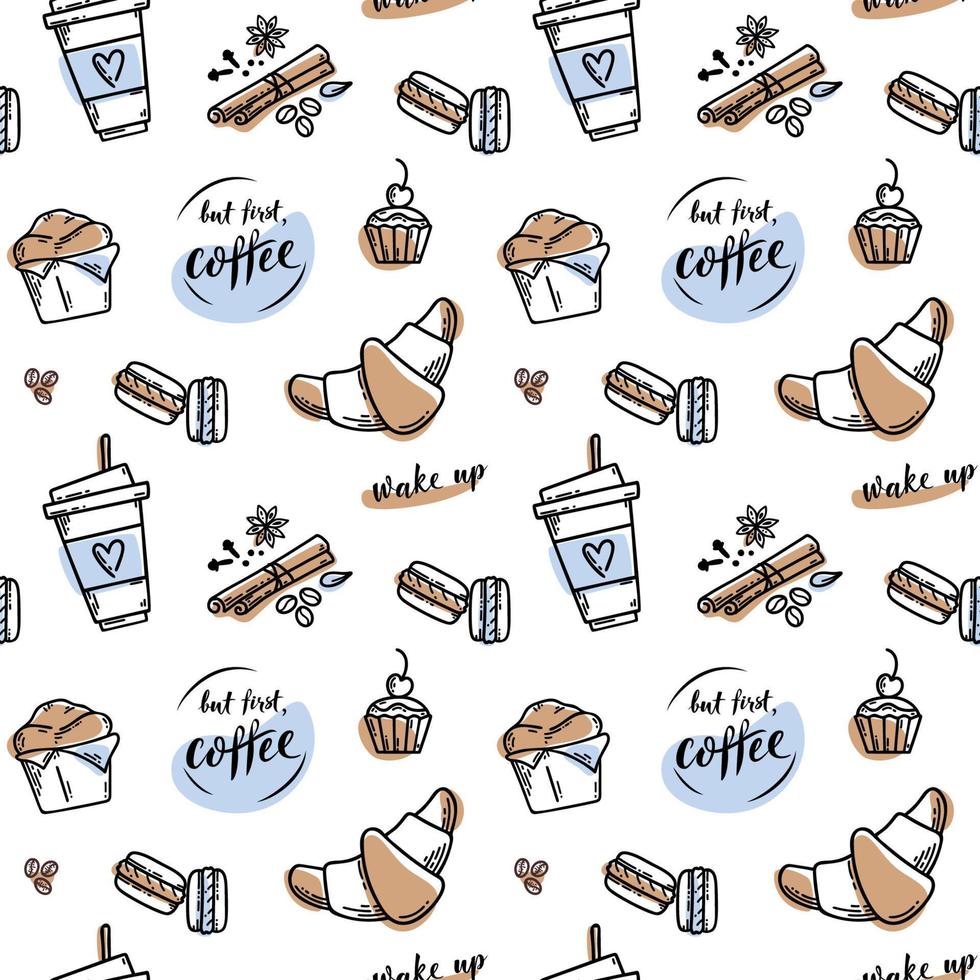 patrón de café estilo boceto dibujado a mano vectorial con signo de letras. taza de café, especias y granos de café, macarrones, pastel, croissant, frase pero primero, café vector