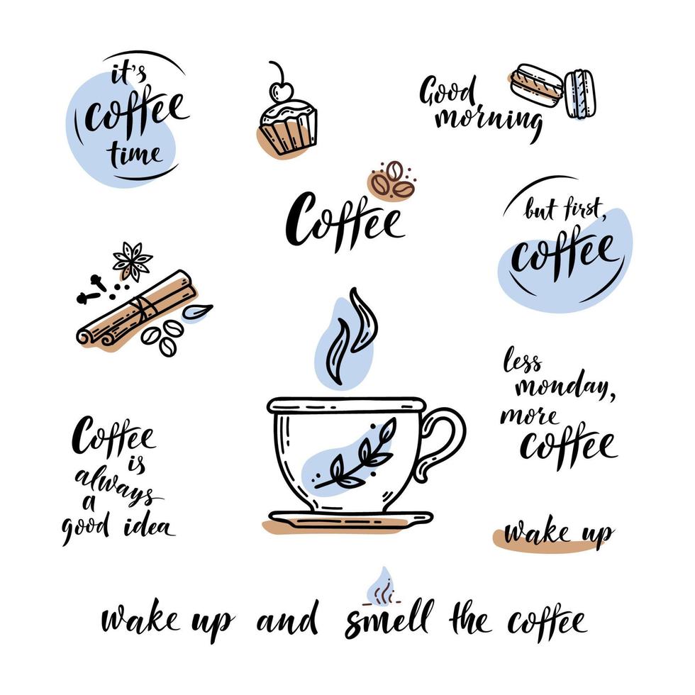 Hand drawn coffee lettering set. Vector sketch illustration and lettering sign with cup and desserts