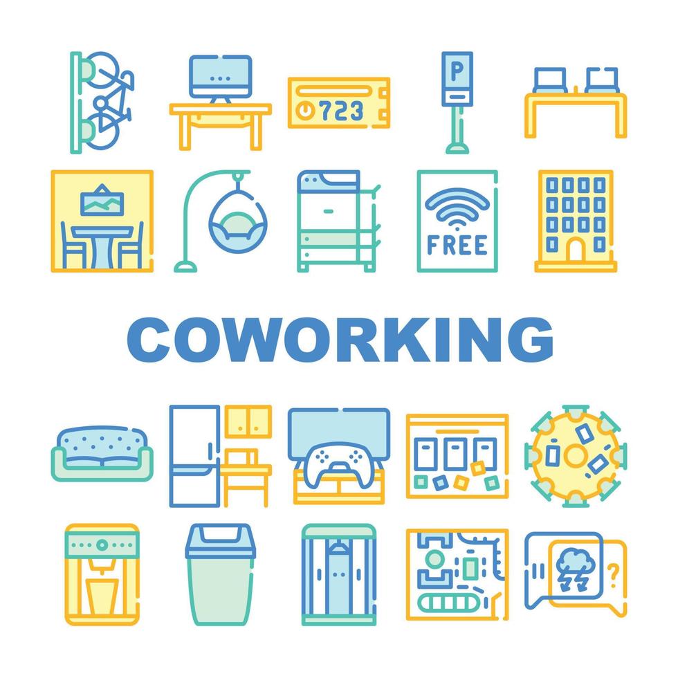 conjunto de iconos de colección de oficina de trabajo de coworking vector