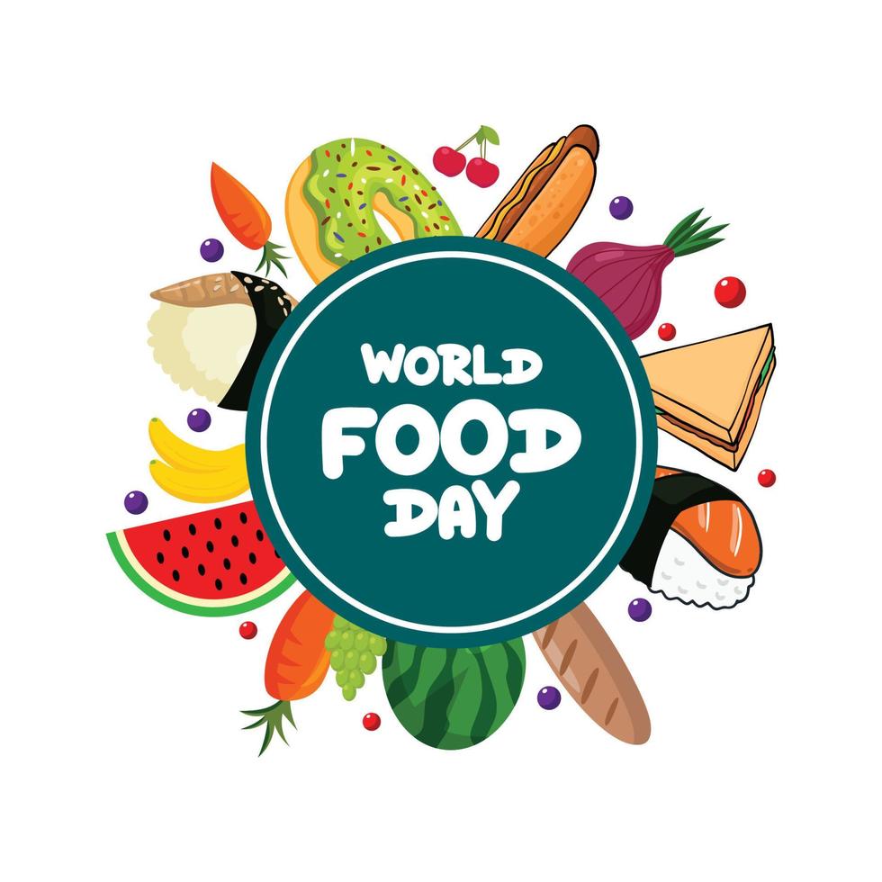 diseño de vectores de fondo del logotipo del día mundial de la alimentación, ilustración de frutas y alimentos variados, diseño de afiches de celebración de comidas