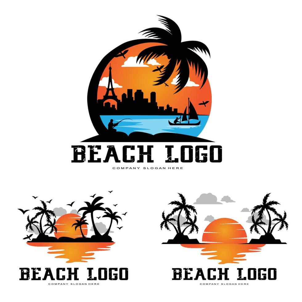Vector plantilla de logotipo de playa con puesta de sol, cocoteros, barcos de pesca, veleros y pájaros voladores, olas del océano, concepto de diseño de círculo retro