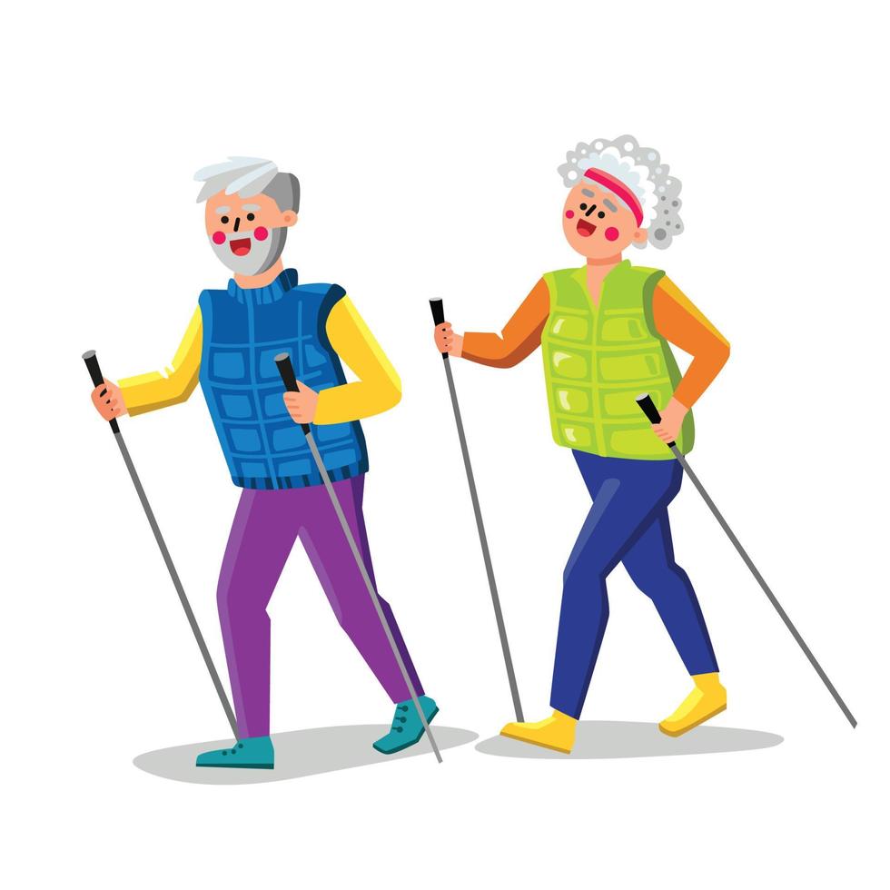 Nordic Walking Exercising Senior Couple Vector Illustration