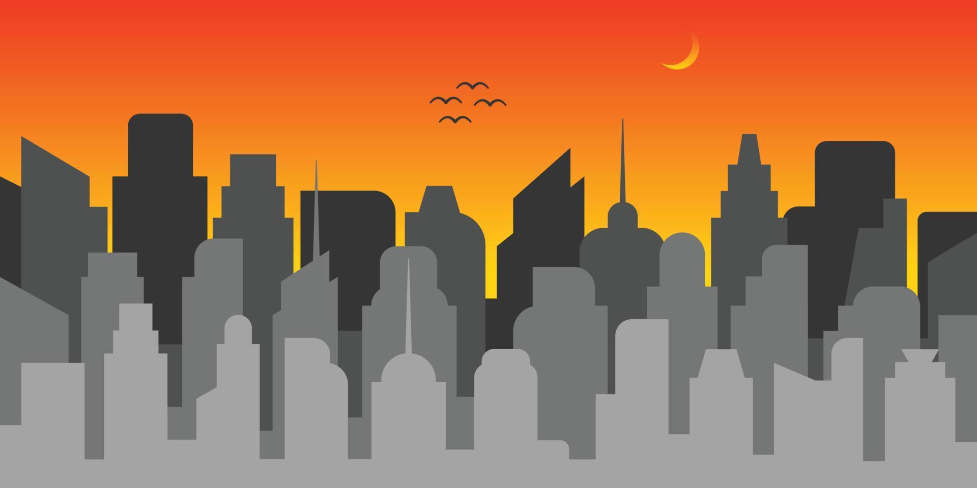 Cityscape or city silhouette at dusk flat vector illustration