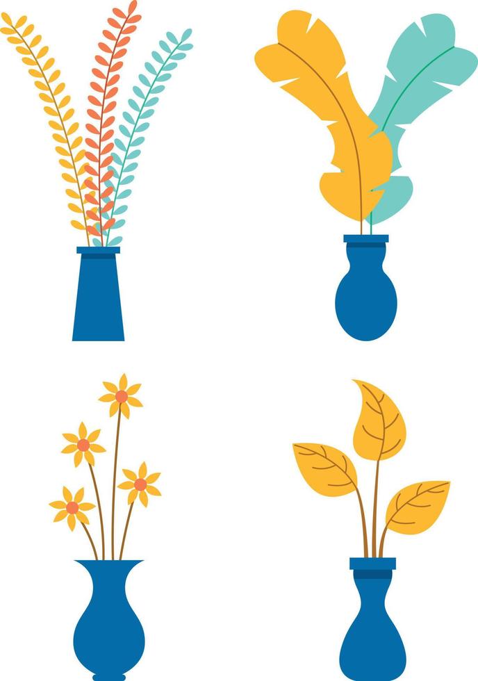 Flower vase with different plant flat vector icon set