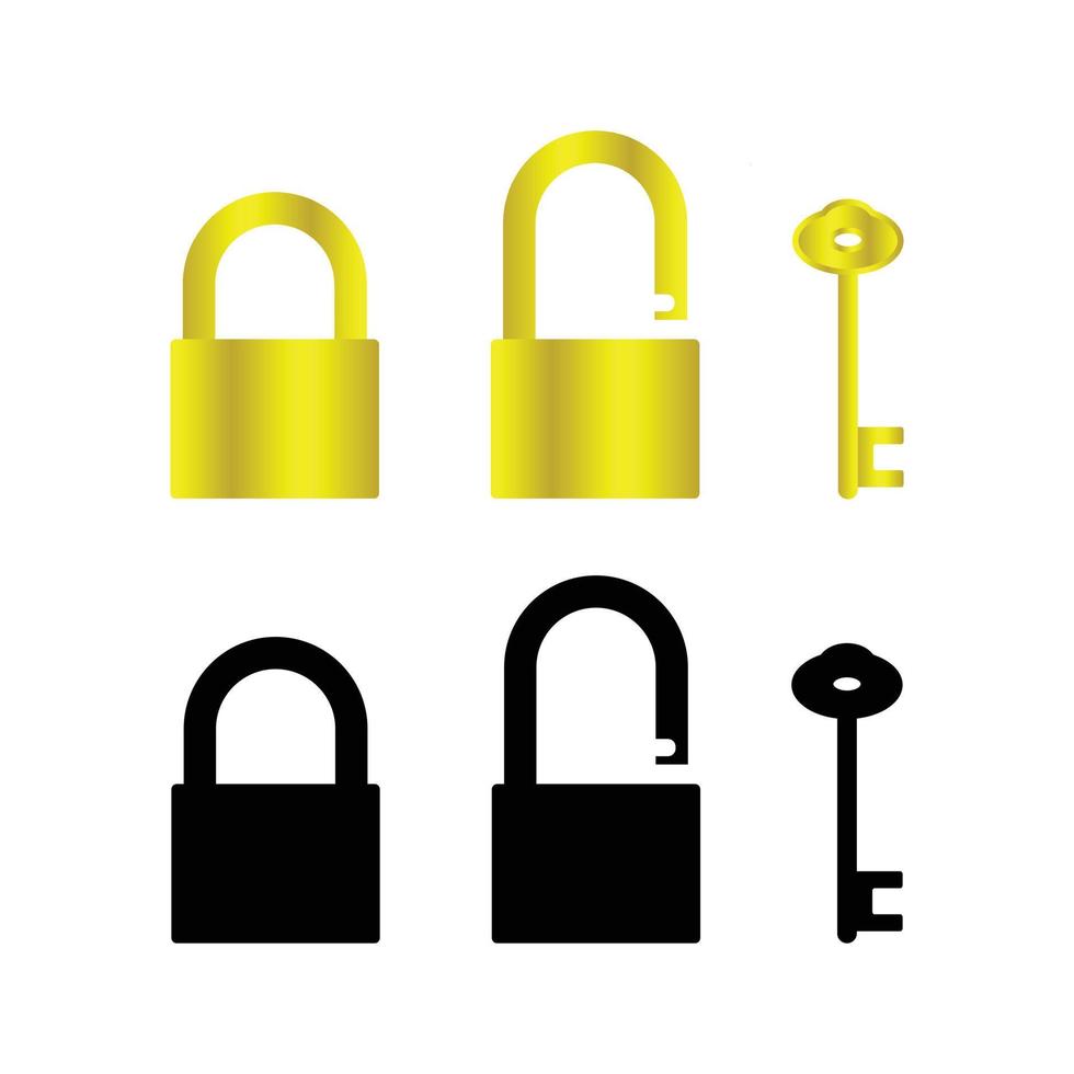 conjunto de iconos de candado y llave con color dorado y negro vector