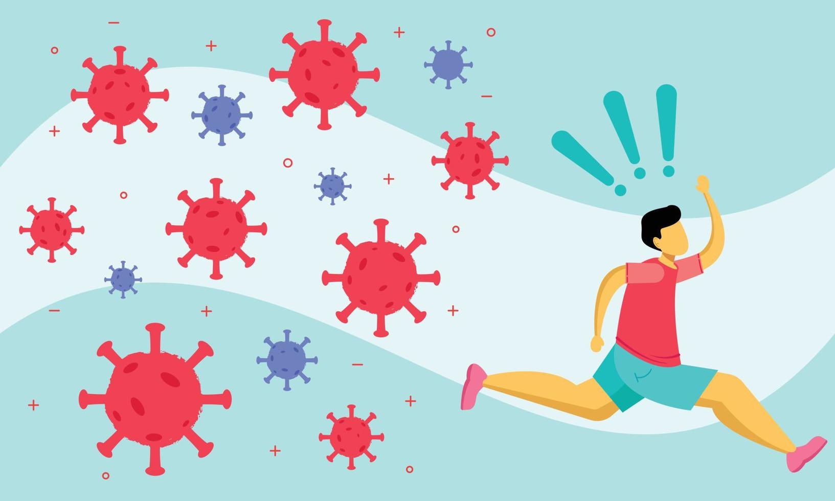 a man runing from viruses flat vector illustration